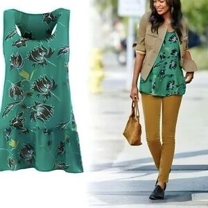 CAbi #3276 Zoe Green Falling Flowers Peplum Sheer Sleeveless Top